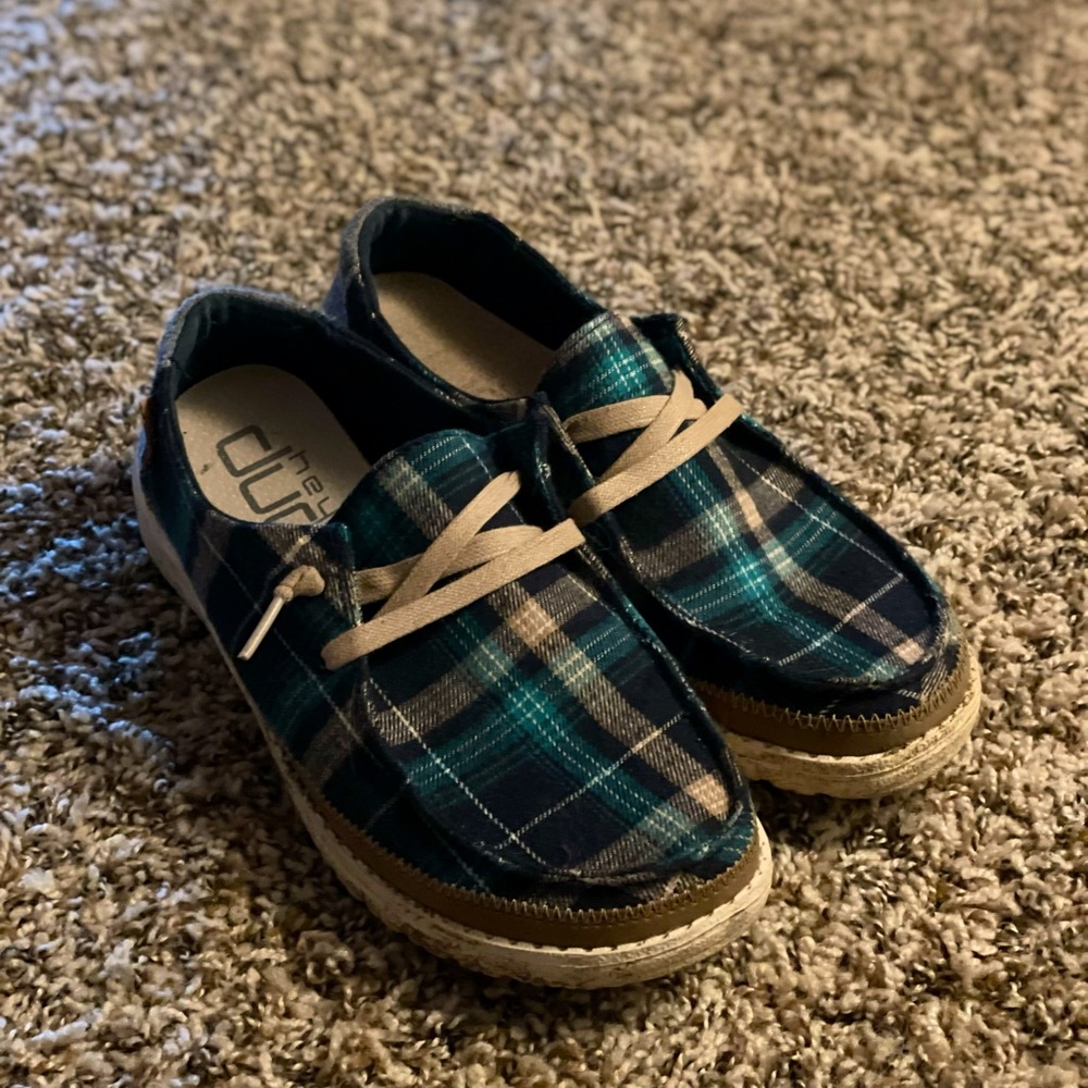 Hey Dude Wendy Teal & Grey Plaid Tartan Shoes Sz7